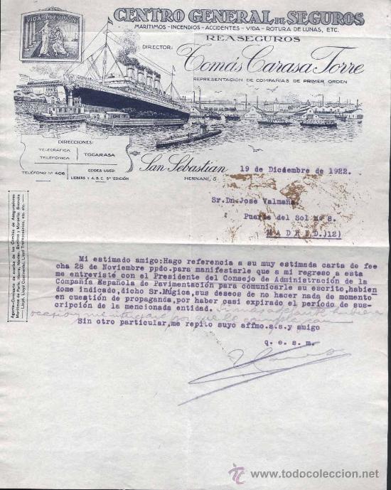 Gesch&auml;ftsbriefe: A&Ntilde;O 1922.- CENTRO GENERAL DE SEGUROS.- TOM&Aacute;S CARASA TORRE.- SAN SEBASTIAN