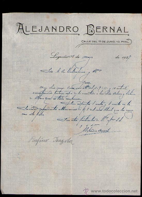Cartas comerciales: CARTA COMERCIAL. LOGRO&Ntilde;O. ALEJANDRO BERNAL. 1927. - Foto 1