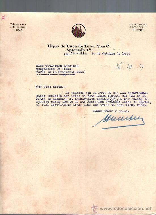 Cartas comerciales: CARTA COMERCIAL. SEVILLA. HIJOS DE LUCA DE TENA. 1933.
