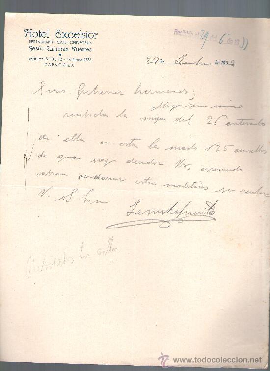 Cartas comerciales: CARTA COMERCIAL. ZARAGOZA. HOTEL EXCELSIOR. JESUS LAFUENTE FUERTES. CERVECERIA. 1933.