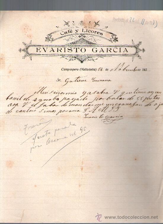 Cartas comerciales: CARTA COMERCIAL. CAMPASPERO, VALLADOLID. EVARISTO GARCIA. CAFE Y LICORES. 1933.