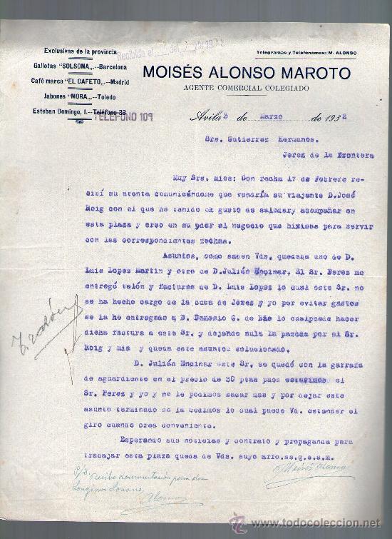 Cartas comerciales: CARTA COMERCIAL. AVILA. MOISES ALONSO MAROTO. AGENTE COMERCIAL. 1932.
