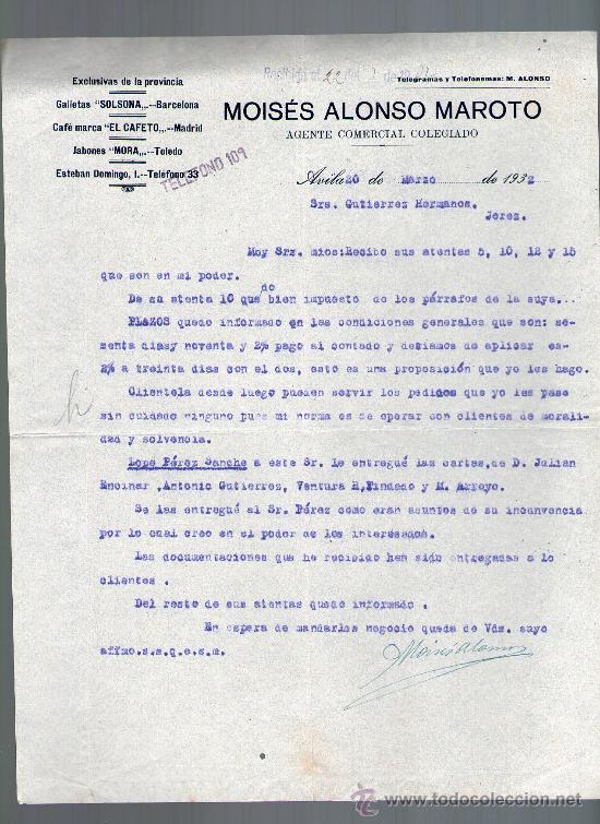 Cartas comerciales: CARTA COMERCIAL. AVILA. MOISES ALONSO MAROTO. AGENTE COMERCIAL. 1932.