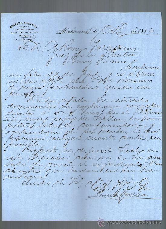 Cartas comerciales: CARTA COMERCIAL. HABANA, CUBA. ERNESTO AGUILERA. 1883.
