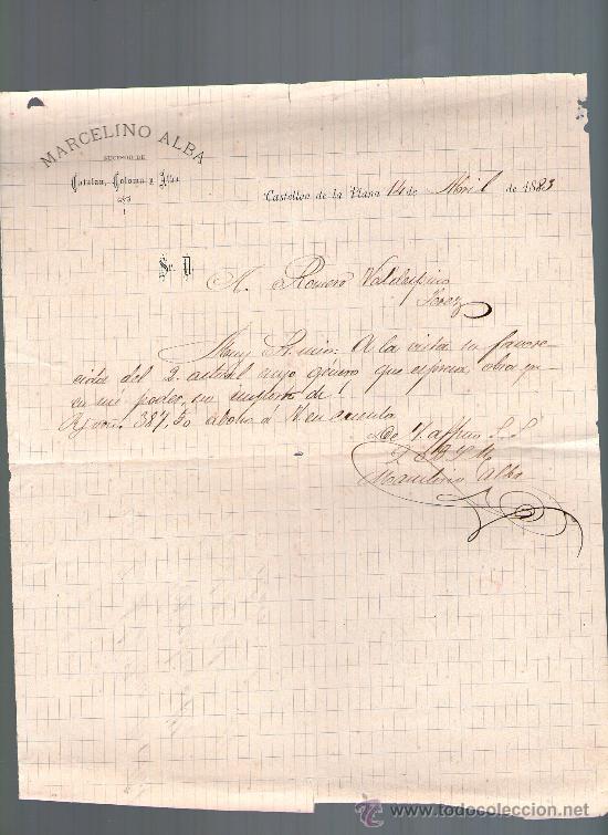 Cartas comerciales: CARTA COMERCIAL. CASTELLON DE LA PLANA. MARCELINO ALBA. 1883.