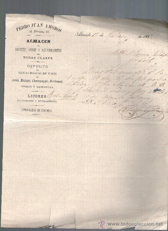 Cartas comerciales: CARTA COMERCIAL. ALICANTE. PEDRO JUAN AMOROS. ALMACEN DE VINOS, ACEITES Y AGUARDIENTES. 1883.