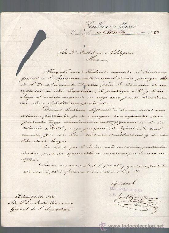 Cartas comerciales: CARTA COMERCIAL. MALAGA. GUILLERMO ALGUER. 1883.