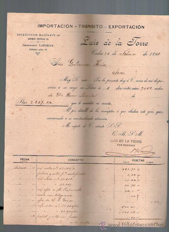 Cartas comerciales: CARTA COMERCIAL. CADIZ. LUIS DE LA TORRE. IMPORTACION, TRANSITO, EXPORTACION. 1898.