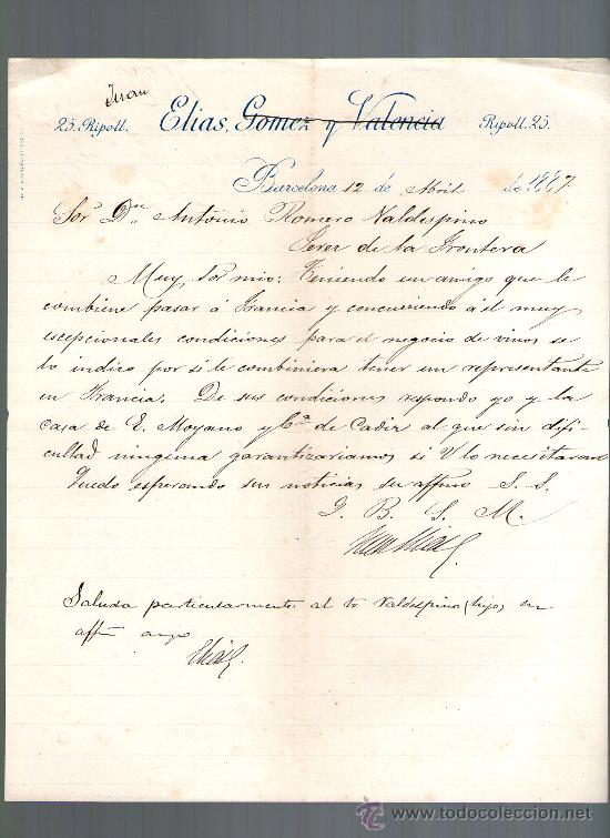Cartas comerciales: CARTA COMERCIAL. BARCELONA. ELIAS, GOMEZ Y VALENCIA. 1887.