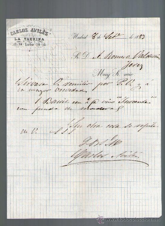 Cartas comerciales: CARTA COMERCIAL. MADRID. CARLOS AVILES. LA TAURINA. 1883.