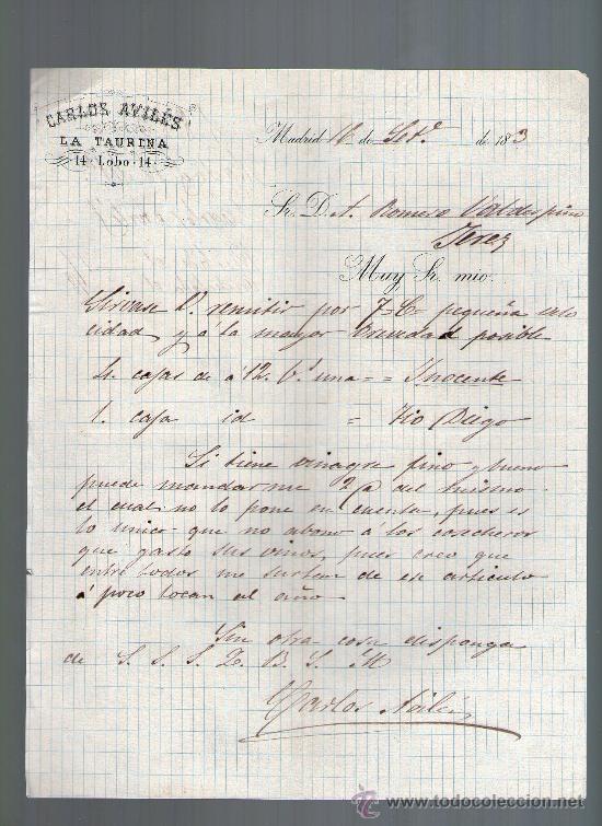 Cartas comerciales: CARTA COMERCIAL. MADRID. CARLOS AVILES. LA TAURINA. 1883.