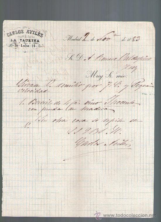 Cartas comerciales: CARTA COMERCIAL. MADRID. CARLOS AVILES. LA TAURINA. 1883.