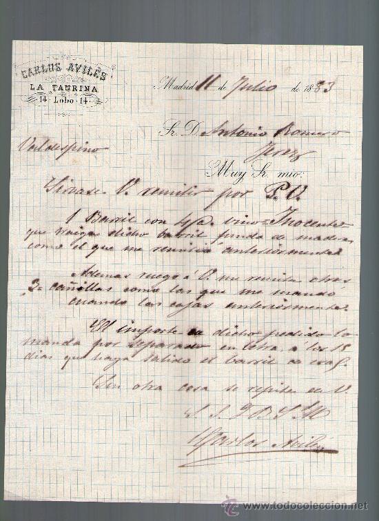 Cartas comerciales: CARTA COMERCIAL. MADRID. CARLOS AVILES. LA TAURINA. 1883.
