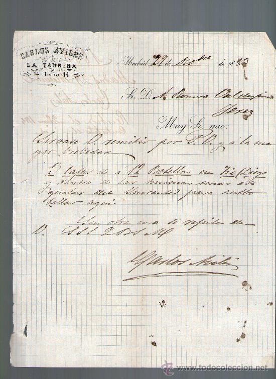 Cartas comerciales: CARTA COMERCIAL. MADRID. CARLOS AVILES. LA TAURINA. 1883.