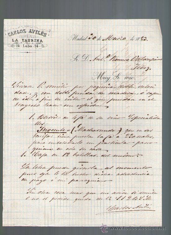 Cartas comerciales: CARTA COMERCIAL. MADRID. CARLOS AVILES. LA TAURINA. 1883.