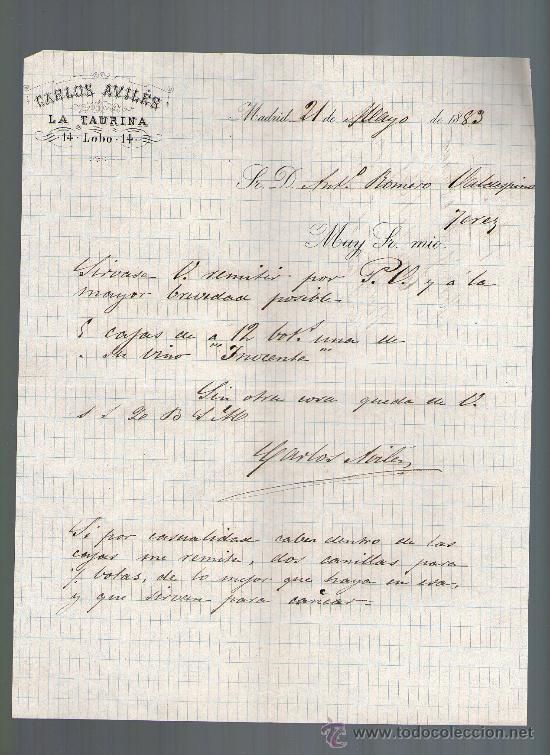 Cartas comerciales: CARTA COMERCIAL. MADRID. CARLOS AVILES. LA TAURINA. 1883.