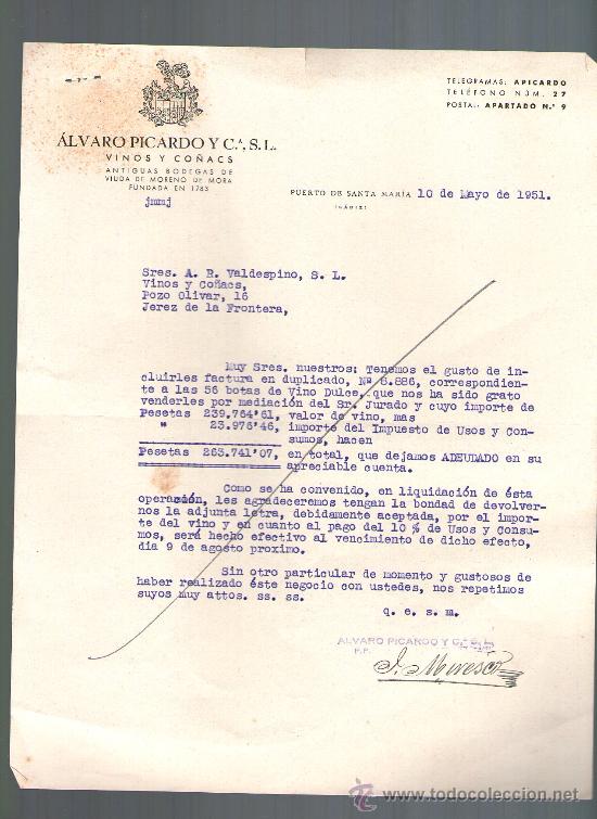 Cartas comerciales: CARTA COMERCIAL. PUERTO DE SANTA MARIA. ALVARO PICARDO Y CIA. VINOS Y CO&Ntilde;ACS. BODEGAS. 1951.