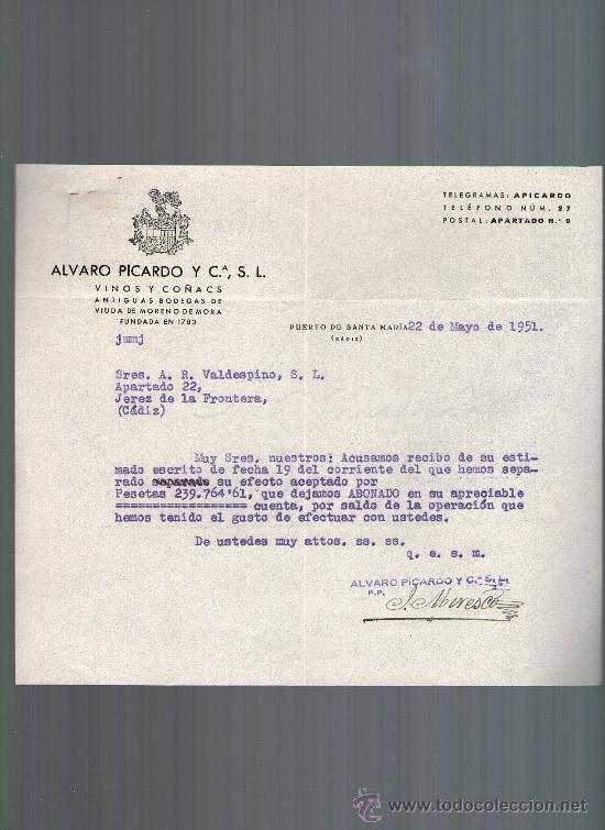 Cartas comerciales: CARTA COMERCIAL. PUERTO DE SANTA MARIA. ALVARO PICARDO Y CIA. VINOS Y CO&Ntilde;ACS. BODEGAS. 1951.