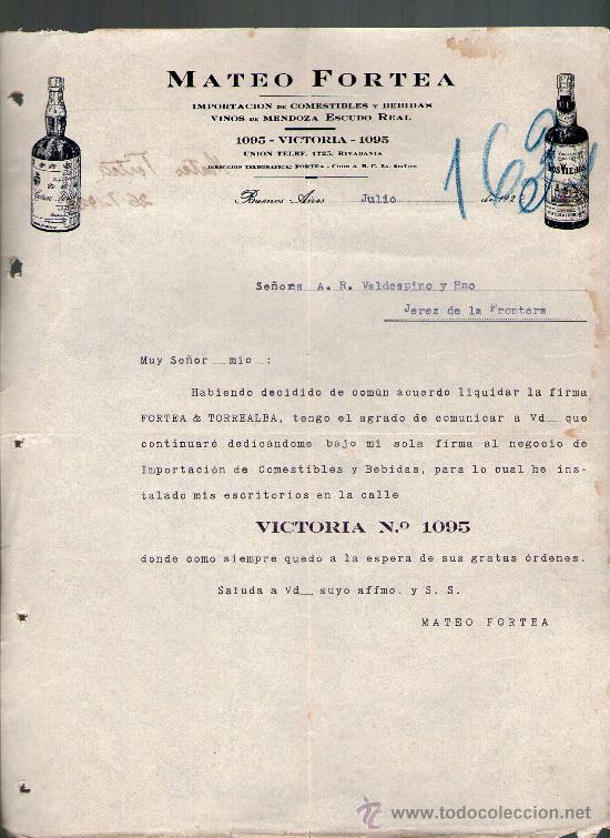Cartas comerciales: CARTA COMERCIAL. BUENOS AIRES, ARGENTINA. MATEO FORTEA. IMPORTACION. VINOS. 1922.