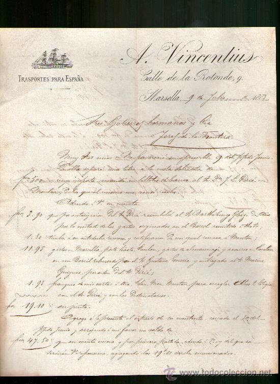 Cartas comerciales: CARTA COMERCIAL. MARSELLA, FRANCIA. A. VINCENTIUS. TRASPORTES PARA ESPA&Ntilde;A. 1883.