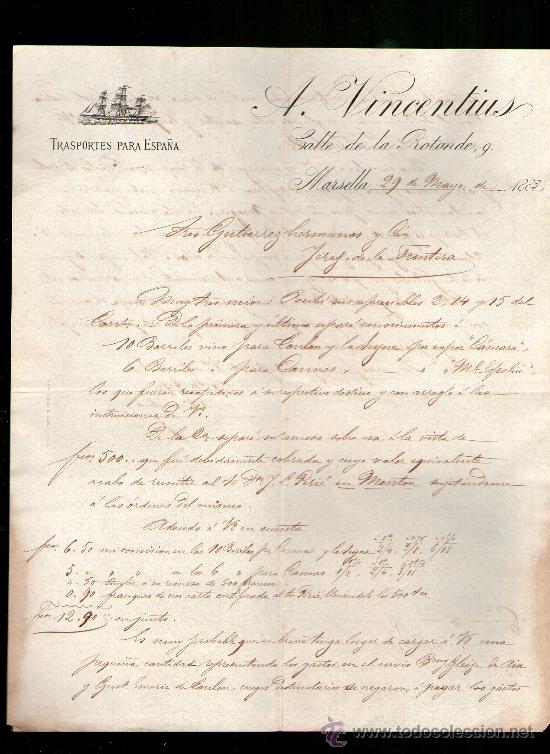 Cartas comerciales: CARTA COMERCIAL. MARSELLA, FRANCIA. A. VINCENTIUS. TRASPORTES PARA ESPA&Ntilde;A. 1883.