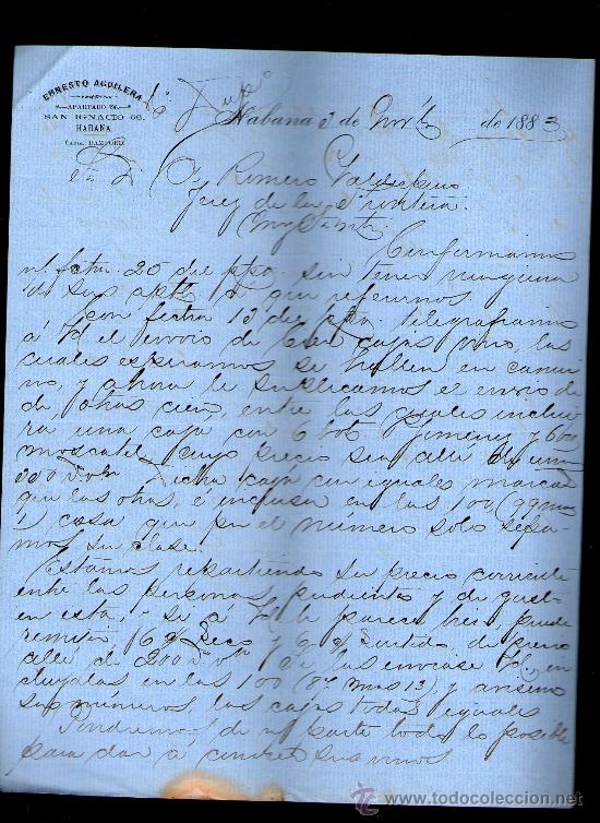 Cartas comerciales: CARTA COMERCIAL. HABANA, CUBA. ERNESTO AGUILERA. 1883.