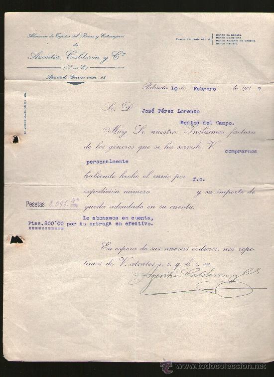 Cartas comerciales: CARTA COMERCIAL. PALENCIA. ALMACEN TEJIDOS DEL REINO Y EXTRANJEROS DE AZCOITIA CALDERON Y CIA. 1927.