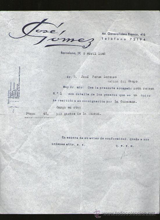 Cartas comerciales: CARTA COMERCIAL. BARCELONA. JOSE GOMEZ. 1946.