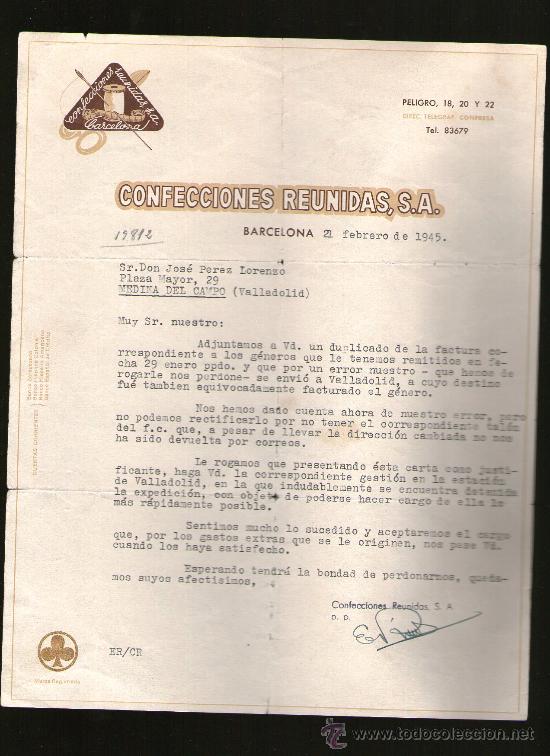 Cartas comerciales: CARTA COMERCIAL. BARCELONA. CONFECCIONES REUNIDAS, S.A.. 1945.