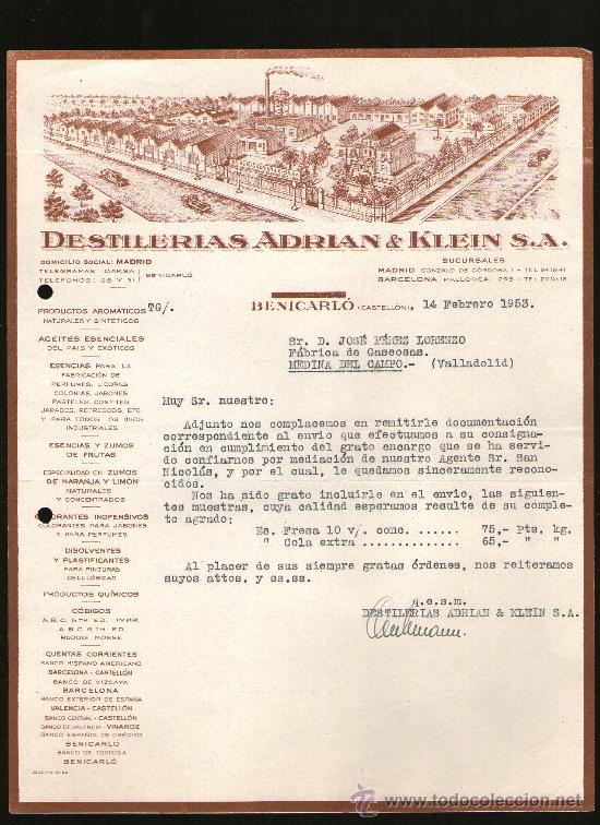 Cartas comerciales: CARTA COMERCIAL. BENICARLO, CASTELLON. FESTILERIAS ADRIAN & KLEIN S.A. 1953.