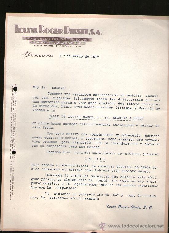Lettres commerciales: CARTA COMERCIAL. BARCELONA. TEXTIL ROGER-DIESTE, S.A. FABRICACION TEJIDOS. 1947.
