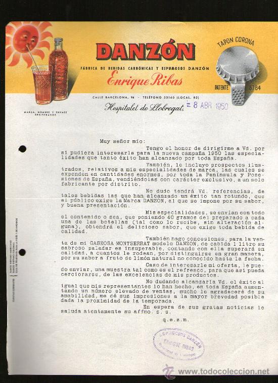 Commercial Letters: CARTA COMERCIAL. HOSPITALET DE LLOBREGAT. DANZON. FABRICA BEBIDAS CARBONICAS Y ESPUMOSOS. 1950.