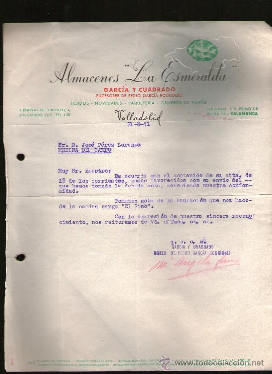 Commercial Letters: CARTA COMERCIAL. VALLADOLID. ALMACENES LA ESMERALDA. GARCIA Y CUADRADO. 1951.