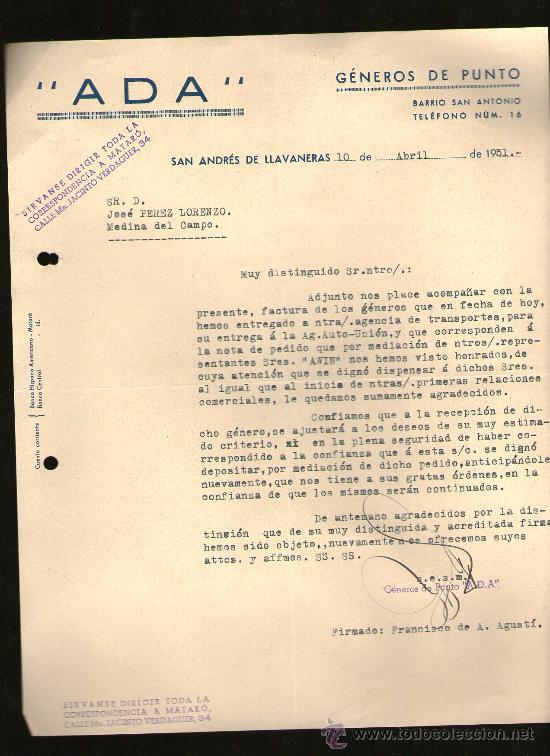 Commercial Letters: CARTA COMERCIAL. SAN ANDRES DE LLAVANERAS. ADA. GENEROS DE PUNTO. 1951.