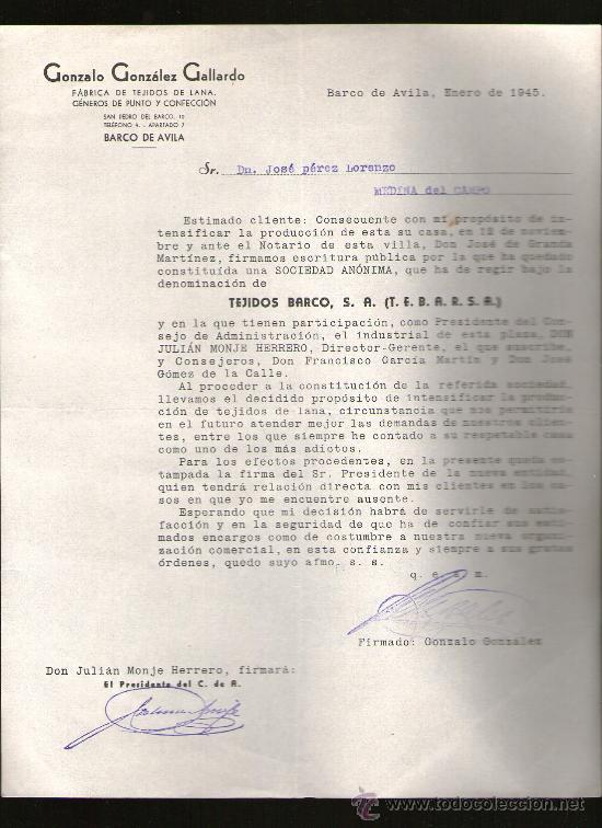 Commercial Letters: CARTA COMERCIAL. GONZALO GONZALEZ GALLARDO. FABRICA TEJIDOS DE LANA. GENEROS DE PUNTO. 1945.