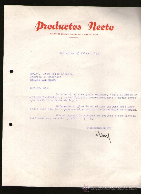 Commercial Letters: CARTA COMERCIAL. BARCELONA. PRODUCTOS NECTO. 1947.
