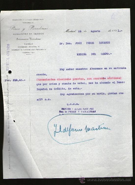 Commercial Letters: CARTA COMERCIAL. MADRID. PEREZ Y PARADINAS. SUCESORES. ALMACENES DE TEJIDOS. 1931.