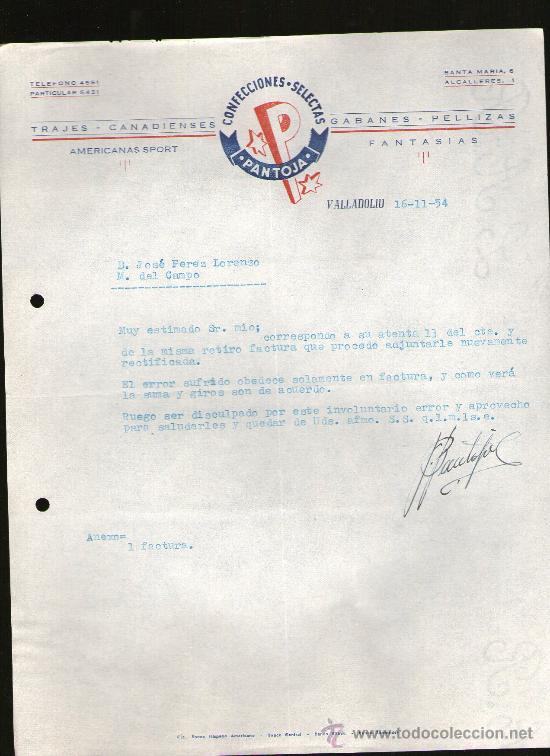 Commercial Letters: CARTA COMERCIAL. VALLADOLID. CONFECCIONES SELECTAS. PANTOJA. TRAJES CANADIENSES. AMERICANAS. 1954.