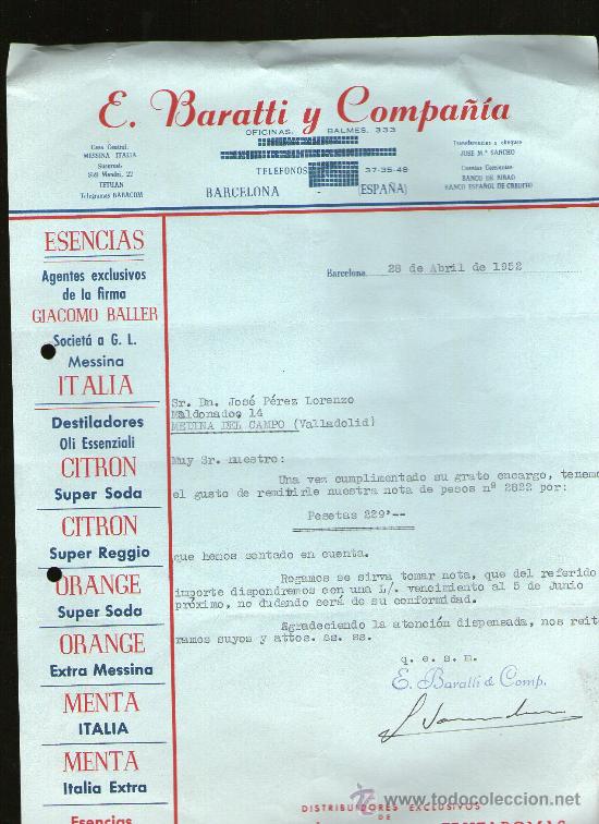 Commercial Letters: CARTA COMERCIAL. BARCELONA. E. BARATTI Y COMPA&Ntilde;IA. ESENCIAS. 1952.