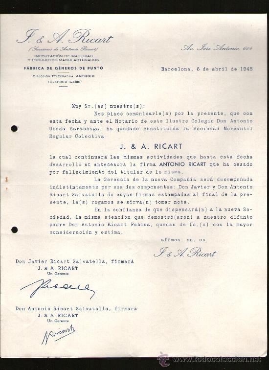 Commercial Letters: CARTA COMERCIAL. BARCELONA. T. & A. RICART. IMPORTACION MANUFACTURAS. FABRICA GENEROS PUNTO. 1948.