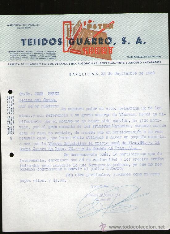 Commercial Letters: CARTA COMERCIAL. BARCELONA. TEJIDOS GUARRO, S.A. FABRICA DE HILADOS Y TEJIDOS DE LANA. 1950.