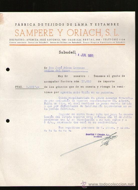 Commercial Letters: CARTA COMERCIAL. SABADELL. FABRICA TEJIDOS LANA Y ESTAMBRE. SAMPERE Y ORIACH, S.L. 1951.