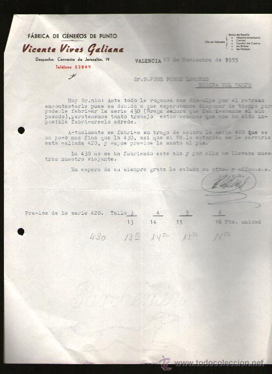 Commercial Letters: CARTA COMERCIAL. VALENCIA. VICENTE VIVES GALIANA. FABRICA GENEROS DE PUNTO. 1955.