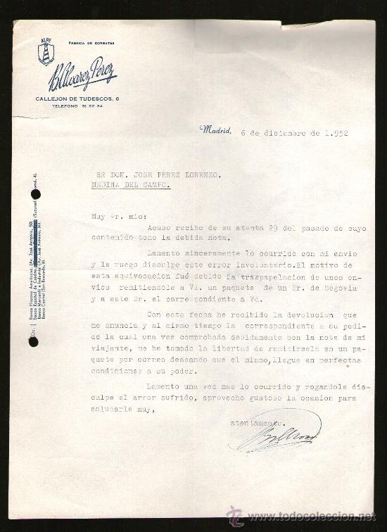 Commercial Letters: CARTA COMERCIAL. MADRID. B. ALVAREZ PEREZ. FABRICA DE CORBATAS. 1952.