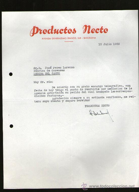 Commercial Letters: CARTA COMERCIAL. BARCELONA. PRODUCTOS NECTO. 1952.