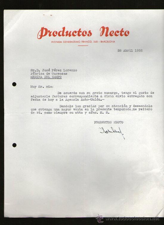 Commercial Letters: CARTA COMERCIAL. BARCELONA. PRODUCTOS NECTO. 1952.