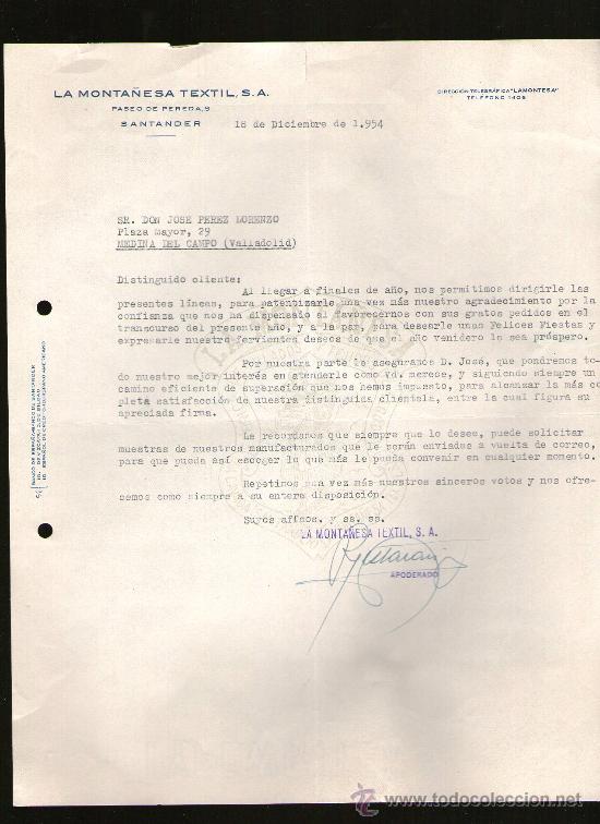 Lettres commerciales: CARTA COMERCIAL. SANTANDER. LA MONTA&Ntilde;ESA TEXTIL, S.A. 1954.