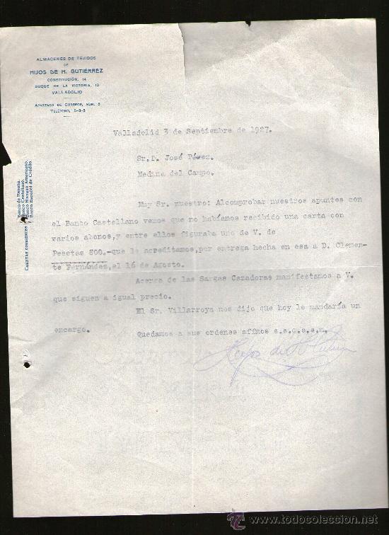 Lettres commerciales: CARTA COMERCIAL. VALLADOLID. ALMACENES TEJIDOS HIJOS DE H. GUTIERREZ. 1927.