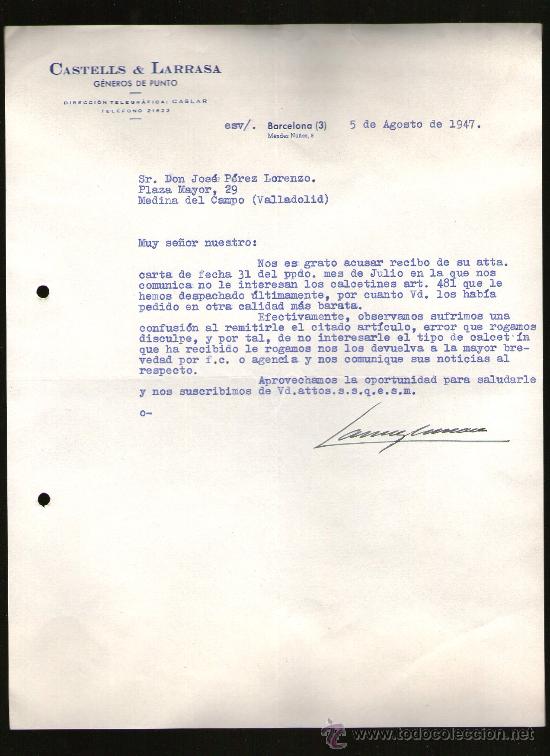 Lettres commerciales: CARTA COMERCIAL. BARCELONA. CASTELLS & LARRASA. GENEROS DE PUNTO. 1947.