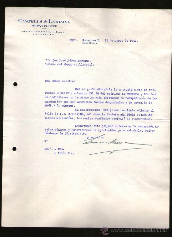 Lettres commerciales: CARTA COMERCIAL. BARCELONA. CASTELLS & LARRASA. GENEROS DE PUNTO. 1947.